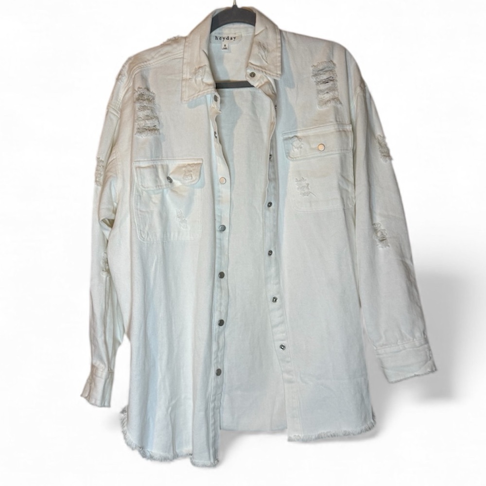 Heyday White Distressed & Oversized Jean Jacket